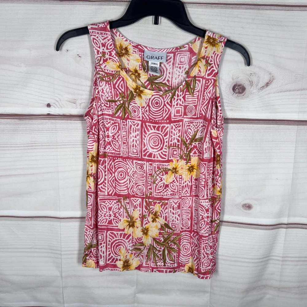 GRAFF Vintage Tank Top Women Small Pink Floral Geometric Sleeveless Blouse Boho